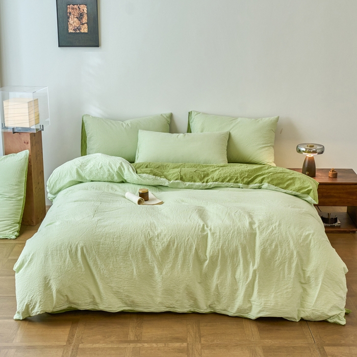 91家纺网 家纺一手货源 找家纺 春皖家纺 2026春夏新款全棉纯棉水洗棉四件套 嫩绿格