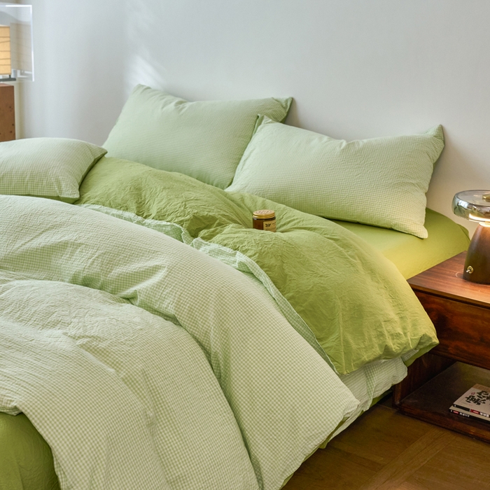 91家纺网 家纺一手货源 找家纺 春皖家纺 2026春夏新款全棉纯棉水洗棉四件套 嫩绿格