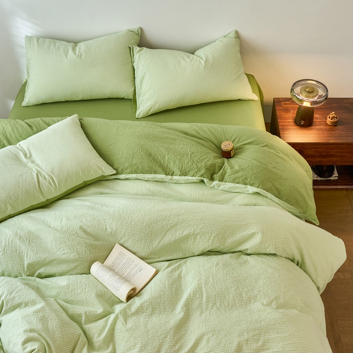 91家纺网 家纺一手货源 找家纺 春皖家纺 2026春夏新款全棉纯棉水洗棉四件套 嫩绿格