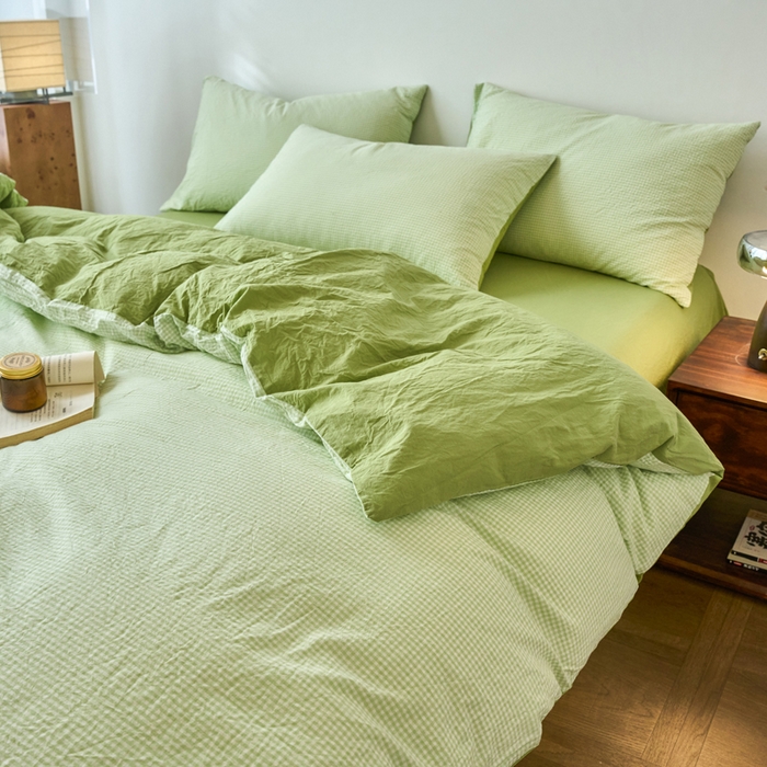 91家纺网 家纺一手货源 找家纺 春皖家纺 2026春夏新款全棉纯棉水洗棉四件套 嫩绿格