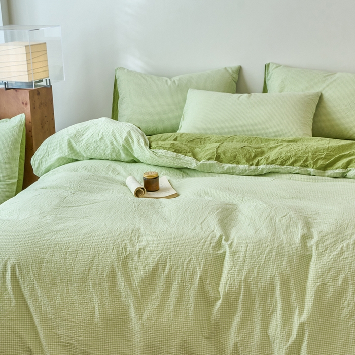 91家纺网 家纺一手货源 找家纺 春皖家纺 2026春夏新款全棉纯棉水洗棉四件套 嫩绿格