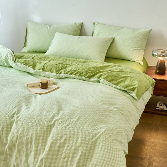 91家纺网 家纺一手货源 找家纺 春皖家纺 2026春夏新款全棉纯棉水洗棉四件套 嫩绿格