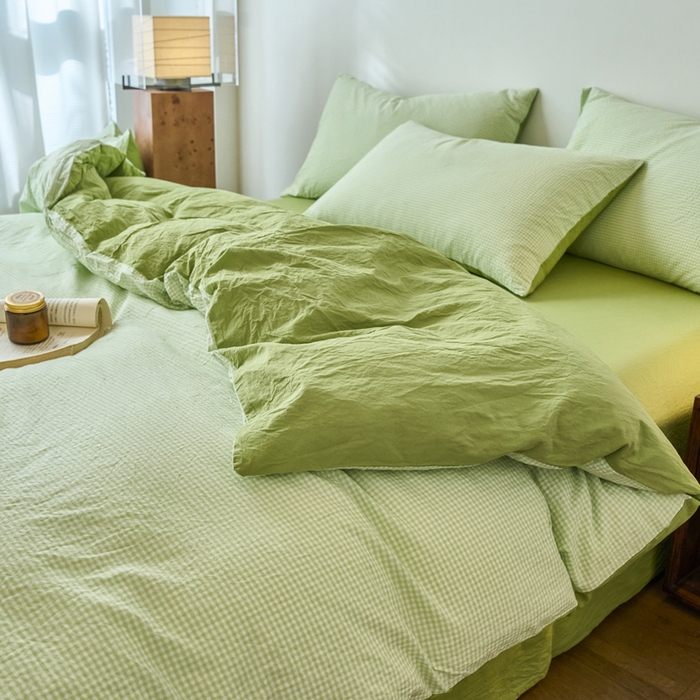 91家纺网 家纺一手货源 找家纺 春皖家纺 2026春夏新款全棉纯棉水洗棉四件套 嫩绿格