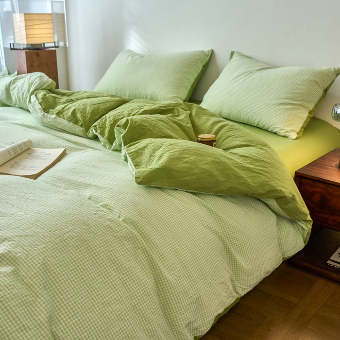 91家纺网 家纺一手货源 找家纺 春皖家纺 2026春夏新款全棉纯棉水洗棉四件套 嫩绿格