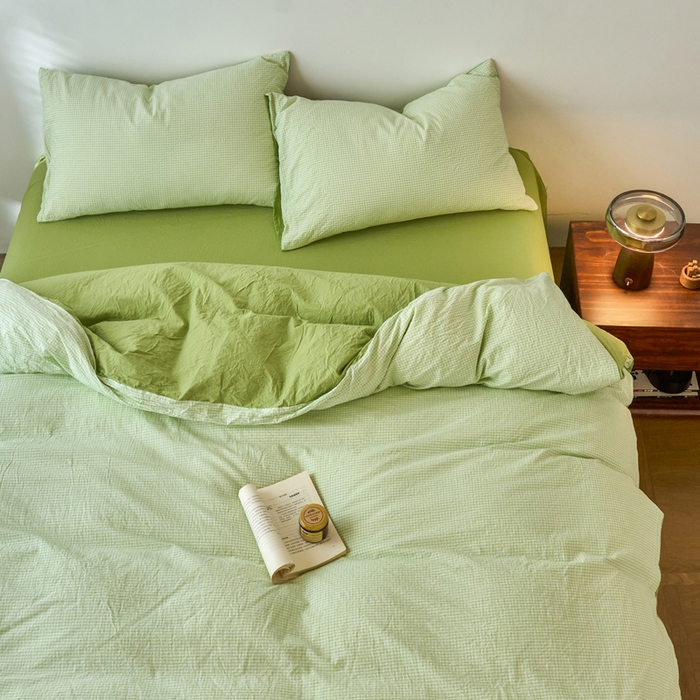 91家纺网 家纺一手货源 找家纺 春皖家纺 2026春夏新款全棉纯棉水洗棉四件套 嫩绿格