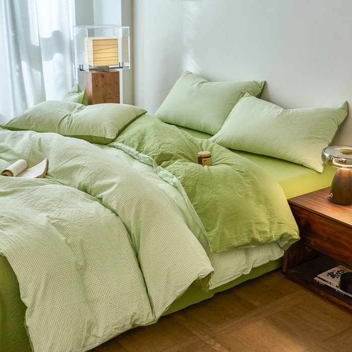 91家纺网 家纺一手货源 找家纺 春皖家纺 2026春夏新款全棉纯棉水洗棉四件套 嫩绿格