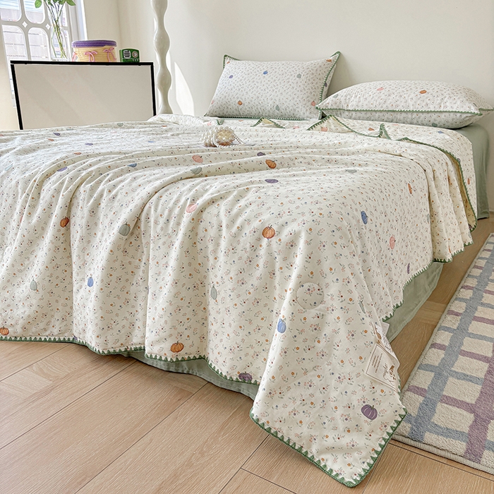 91家纺网 家纺一手货源 找家纺 爱她美家纺 2026新款A类全棉有氧双层纱大豆夏被夏凉被空调被四件套 旺旺南瓜