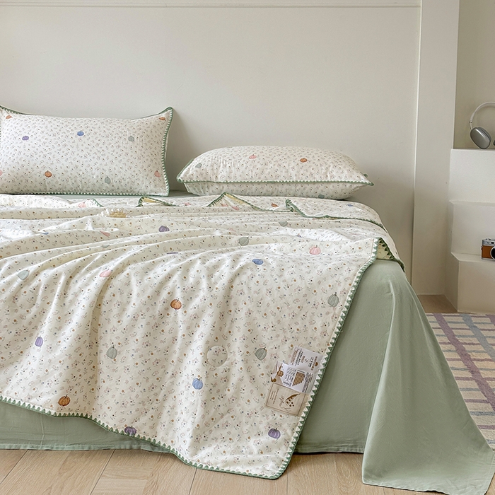 91家纺网 家纺一手货源 找家纺 爱她美家纺 2026新款A类全棉有氧双层纱大豆夏被夏凉被空调被四件套 旺旺南瓜