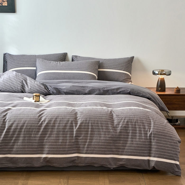 91家纺网 家纺一手货源 找家纺 春皖家纺 2026春夏新款全棉纯棉水洗棉四件套 素雅-灰条