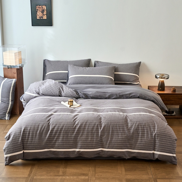 91家纺网 家纺一手货源 找家纺 春皖家纺 2026春夏新款全棉纯棉水洗棉四件套 素雅-灰条