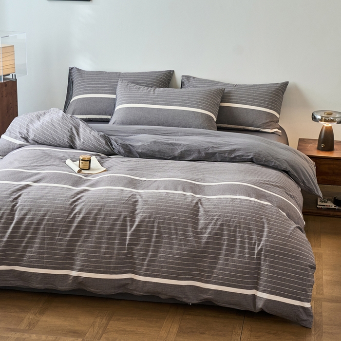 91家纺网 家纺一手货源 找家纺 春皖家纺 2026春夏新款全棉纯棉水洗棉四件套 素雅-灰条