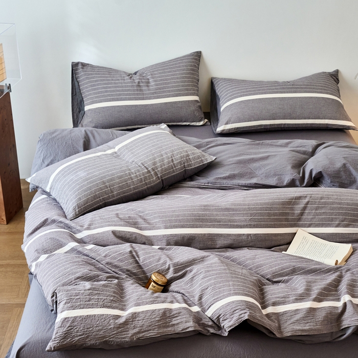 91家纺网 家纺一手货源 找家纺 春皖家纺 2026春夏新款全棉纯棉水洗棉四件套 素雅-灰条