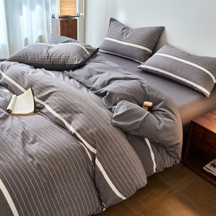 91家纺网 家纺一手货源 找家纺 春皖家纺 2026春夏新款全棉纯棉水洗棉四件套 素雅-灰条