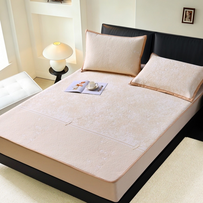 雅诗帛 2026新款提花PE凉感冰丝席三件套 木兰-床笠咖