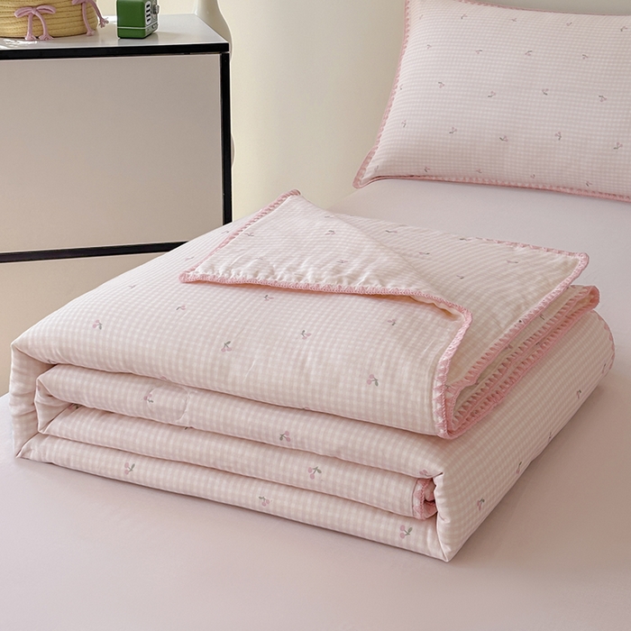 爱她美家纺 2026新款A类全棉有氧双层纱大豆夏被夏凉被空调被四件套 樱桃酱-粉