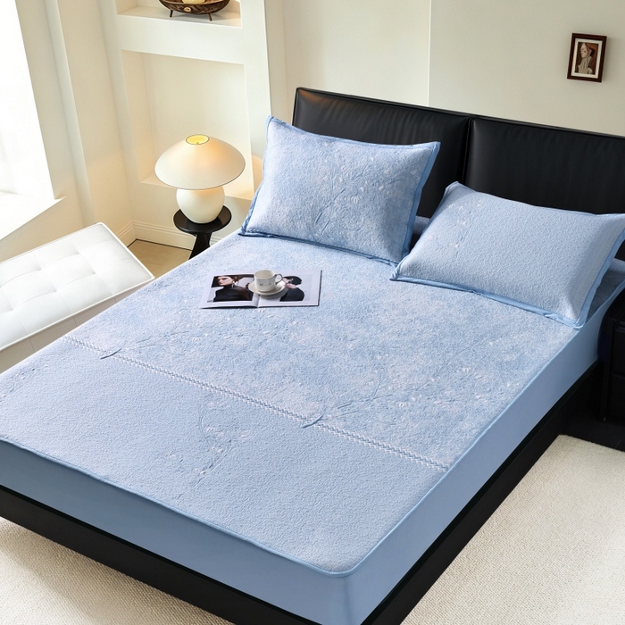 雅诗帛 2026新款提花PE凉感冰丝席三件套 木兰-床笠蓝