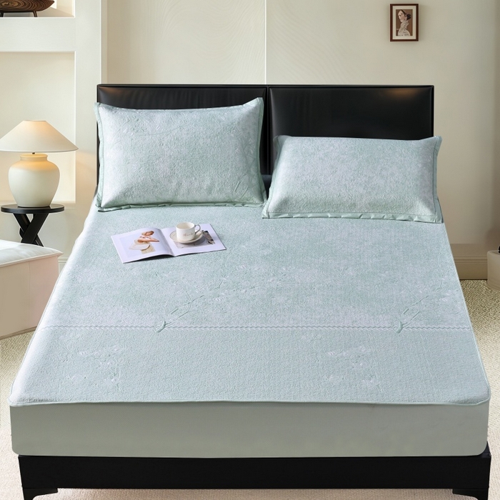 91家纺网 家纺一手货源 找家纺 雅诗帛 2026新款提花PE凉感冰丝席三件套 木兰-床笠绿