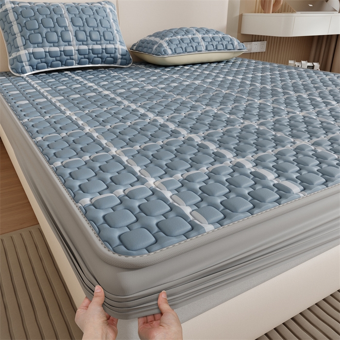 91家纺网 家纺一手货源 找家纺 世纪绒品 2026新款A类凉感条格乳胶床笠床席款凉席加厚12mm 床笠款-海洋蓝格