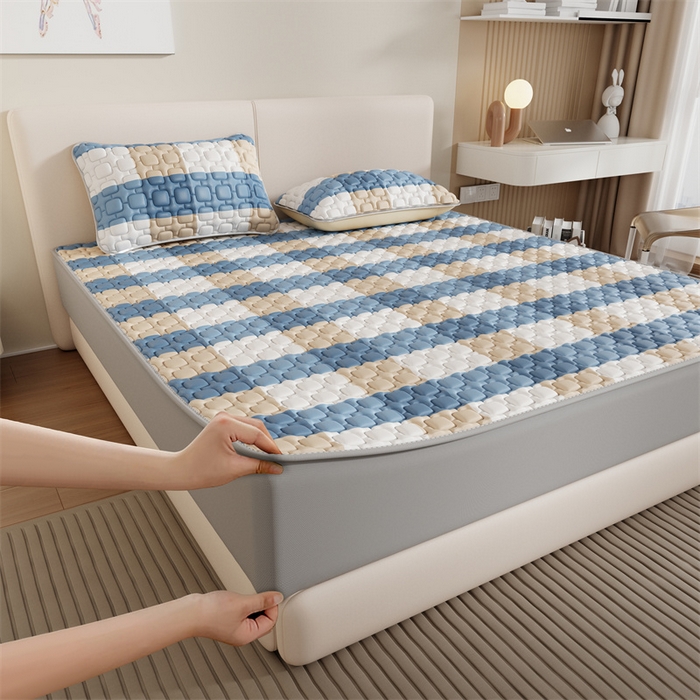 91家纺网 家纺一手货源 找家纺 世纪绒品 2026新款A类凉感条格乳胶床笠床席款凉席加厚12mm 床笠款-蓝大格