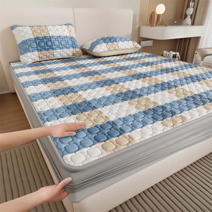 91家纺网 家纺一手货源 找家纺 世纪绒品 2026新款A类凉感条格乳胶床笠床席款凉席加厚12mm 床笠款-蓝大格