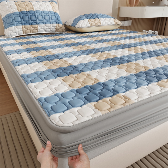 91家纺网 家纺一手货源 找家纺 世纪绒品 2026新款A类凉感条格乳胶床笠床席款凉席加厚12mm 床笠款-蓝大格