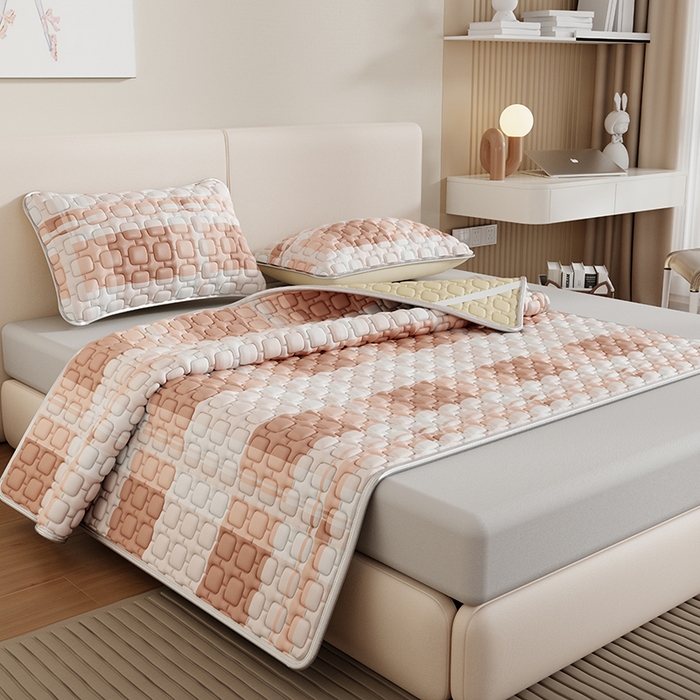 91家纺网 家纺一手货源 找家纺 世纪绒品 2026新款A类凉感条格乳胶床笠床席款凉席加厚12mm 床席款-豆沙格