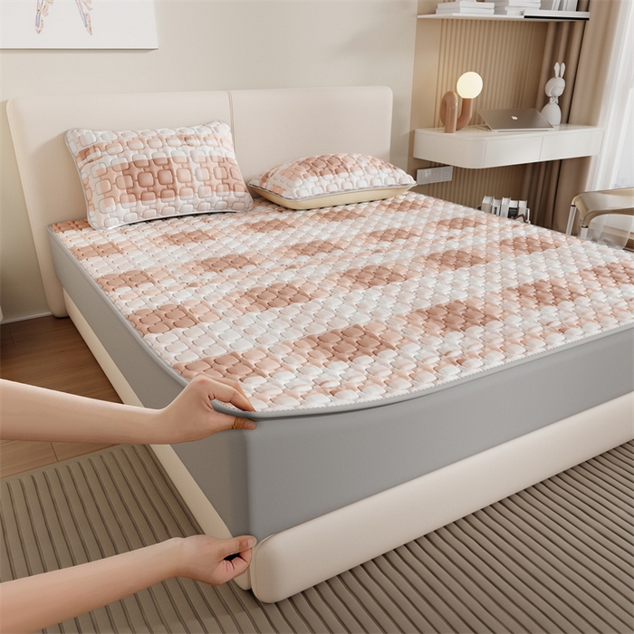 91家纺网 家纺一手货源 找家纺 世纪绒品 2026新款A类凉感条格乳胶床笠床席款凉席加厚12mm 床笠款-豆沙格