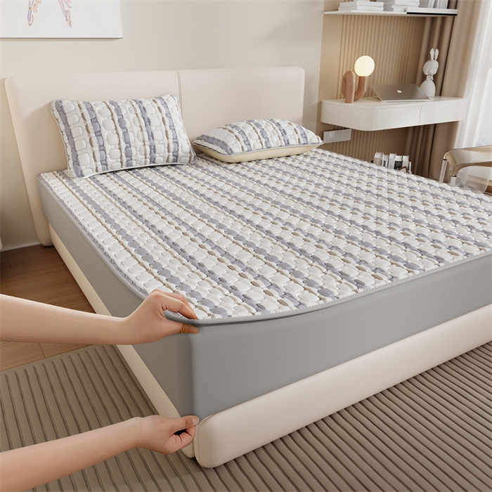 91家纺网 家纺一手货源 找家纺 世纪绒品 2026新款A类凉感条格乳胶床笠床席款凉席加厚12mm 床笠款-米灰泡泡