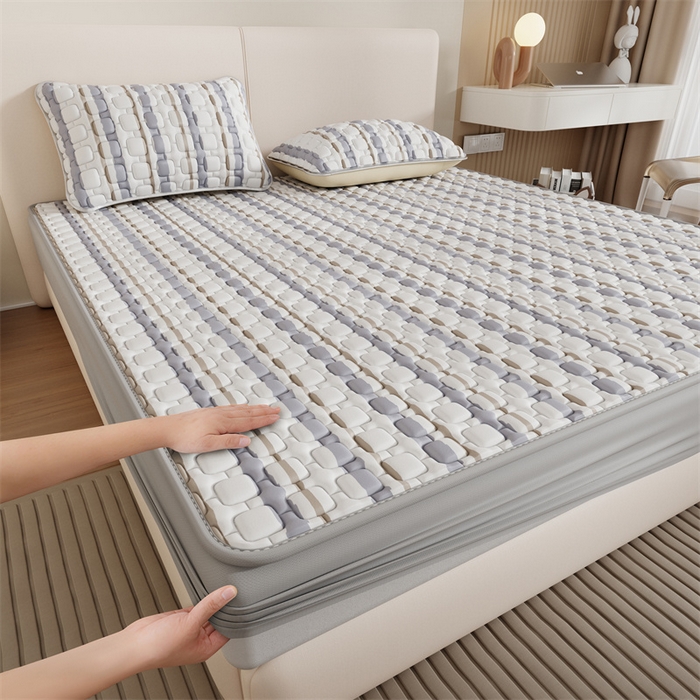 91家纺网 家纺一手货源 找家纺 世纪绒品 2026新款A类凉感条格乳胶床笠床席款凉席加厚12mm 床笠款-米灰泡泡