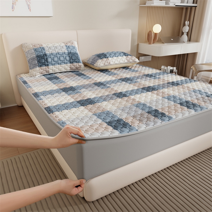 91家纺网 家纺一手货源 找家纺 世纪绒品 2026新款A类凉感条格乳胶床笠床席款凉席加厚12mm 床笠款-雾蓝大格