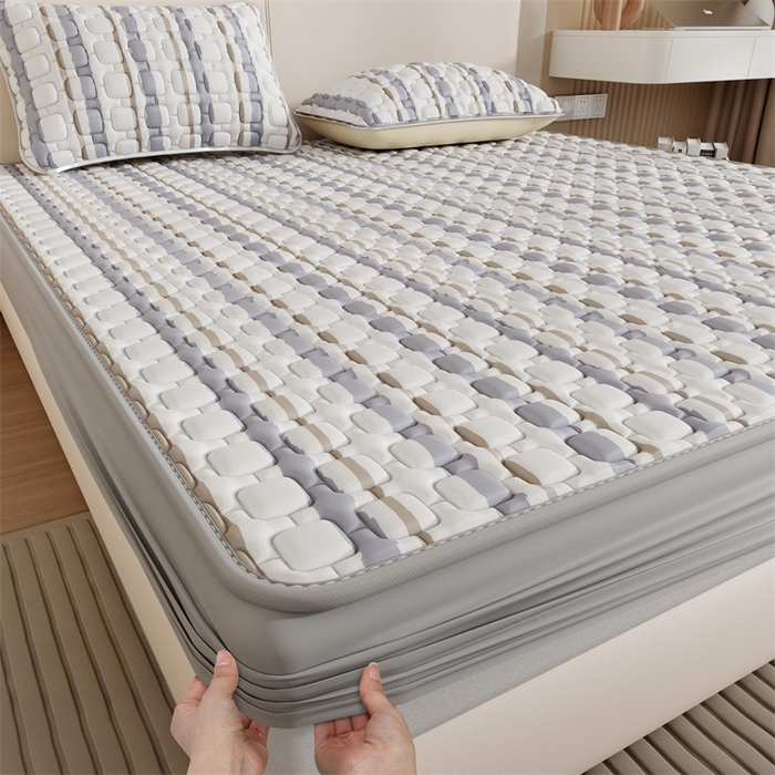 91家纺网 家纺一手货源 找家纺 世纪绒品 2026新款A类凉感条格乳胶床笠床席款凉席加厚12mm 床笠款-米灰泡泡