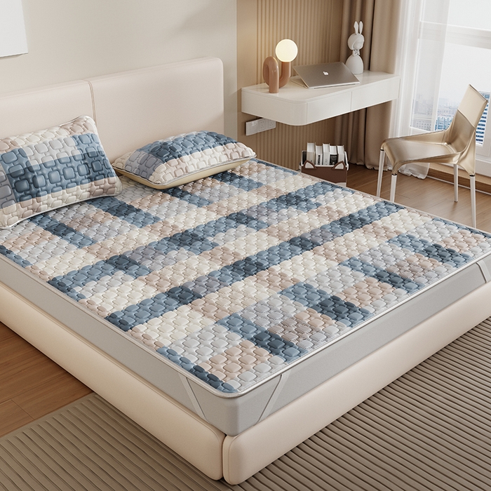 91家纺网 家纺一手货源 找家纺 世纪绒品 2026新款A类凉感条格乳胶床笠床席款凉席加厚12mm 床席款-雾蓝大格