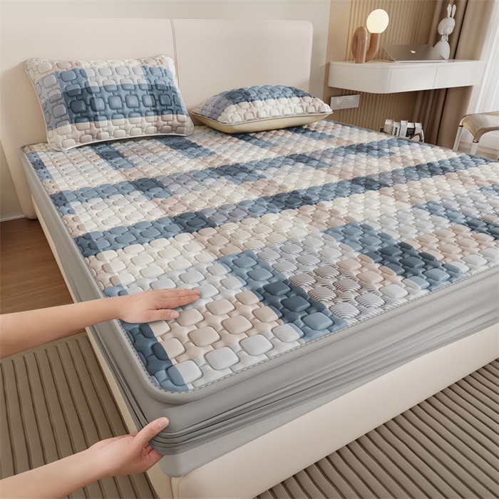 91家纺网 家纺一手货源 找家纺 世纪绒品 2026新款A类凉感条格乳胶床笠床席款凉席加厚12mm 床笠款-雾蓝大格