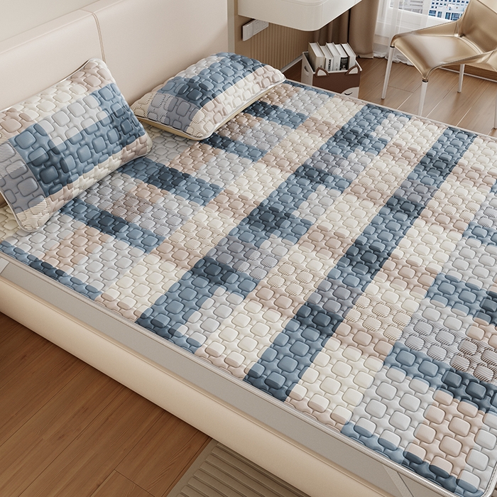 91家纺网 家纺一手货源 找家纺 世纪绒品 2026新款A类凉感条格乳胶床笠床席款凉席加厚12mm 床席款-雾蓝大格