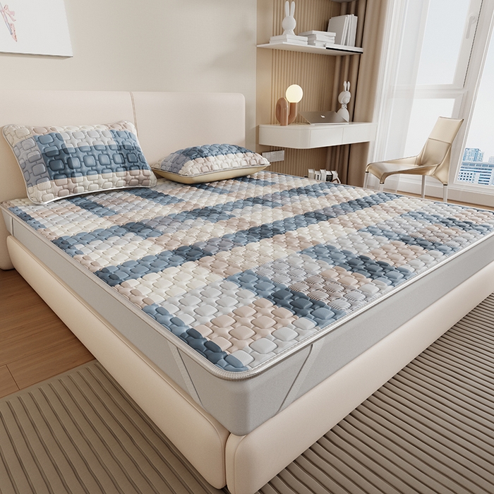 91家纺网 家纺一手货源 找家纺 世纪绒品 2026新款A类凉感条格乳胶床笠床席款凉席加厚12mm 床席款-雾蓝大格