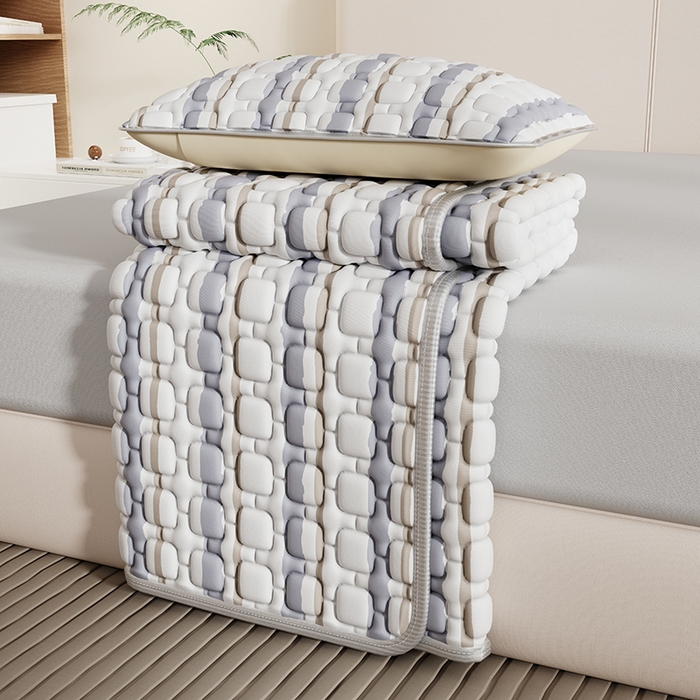 91家纺网 家纺一手货源 找家纺 世纪绒品 2026新款A类凉感条格乳胶床笠床席款凉席加厚12mm 床席款-米灰泡泡