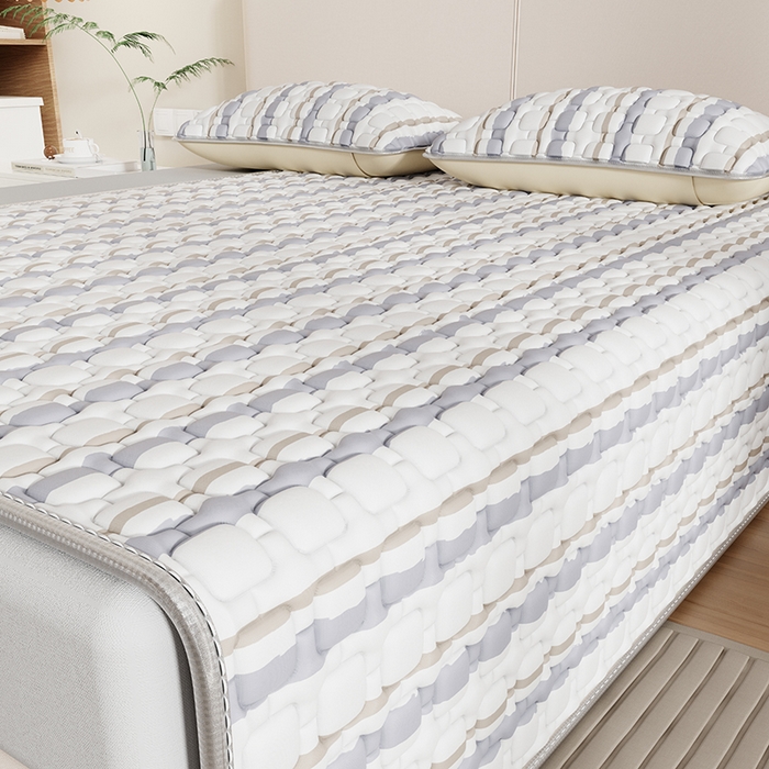 91家纺网 家纺一手货源 找家纺 世纪绒品 2026新款A类凉感条格乳胶床笠床席款凉席加厚12mm 床席款-米灰泡泡