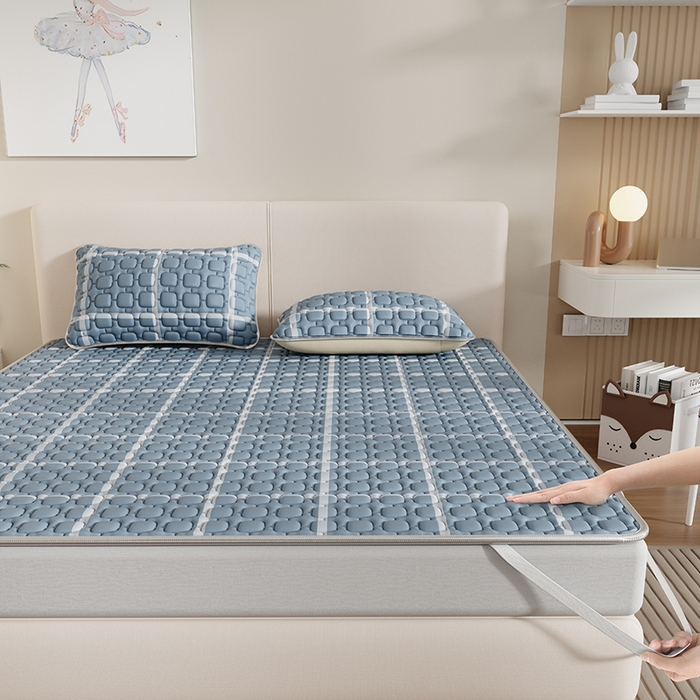 91家纺网 家纺一手货源 找家纺 世纪绒品 2026新款A类凉感条格乳胶床笠床席款凉席加厚12mm 床笠款-海洋蓝格