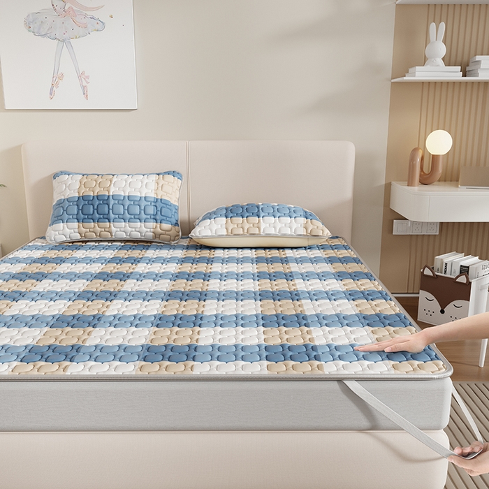 91家纺网 家纺一手货源 找家纺 世纪绒品 2026新款A类凉感条格乳胶床笠床席款凉席加厚12mm 床席款-蓝大格