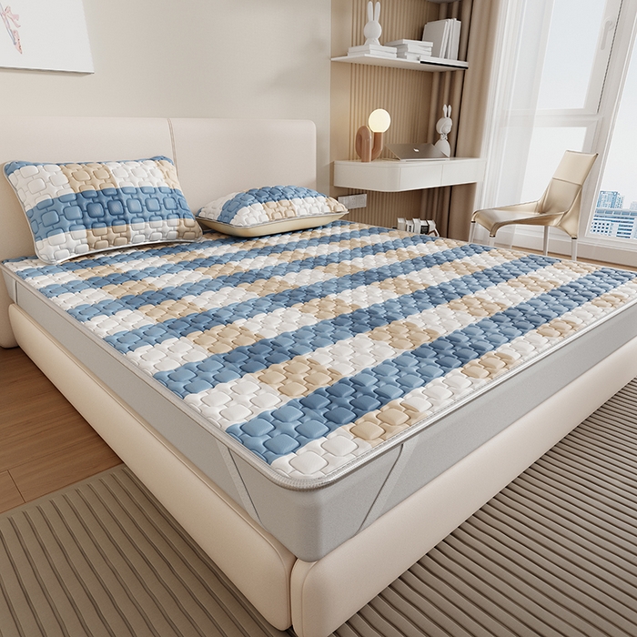 91家纺网 家纺一手货源 找家纺 世纪绒品 2026新款A类凉感条格乳胶床笠床席款凉席加厚12mm 床席款-蓝大格