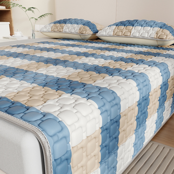 91家纺网 家纺一手货源 找家纺 世纪绒品 2026新款A类凉感条格乳胶床笠床席款凉席加厚12mm 床席款-蓝大格