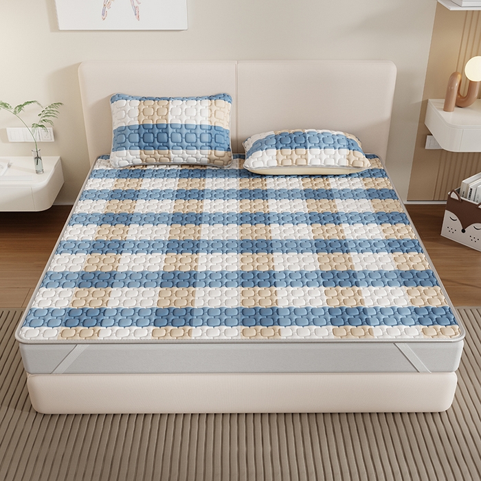 91家纺网 家纺一手货源 找家纺 世纪绒品 2026新款A类凉感条格乳胶床笠床席款凉席加厚12mm 床席款-蓝大格