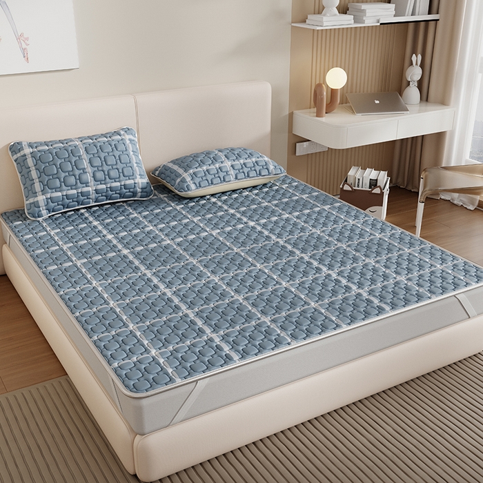 91家纺网 家纺一手货源 找家纺 世纪绒品 2026新款A类凉感条格乳胶床笠床席款凉席加厚12mm 床席款-海洋蓝格