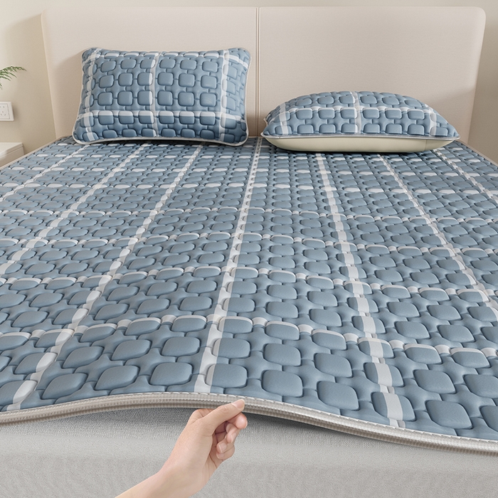 91家纺网 家纺一手货源 找家纺 世纪绒品 2026新款A类凉感条格乳胶床笠床席款凉席加厚12mm 床席款-海洋蓝格