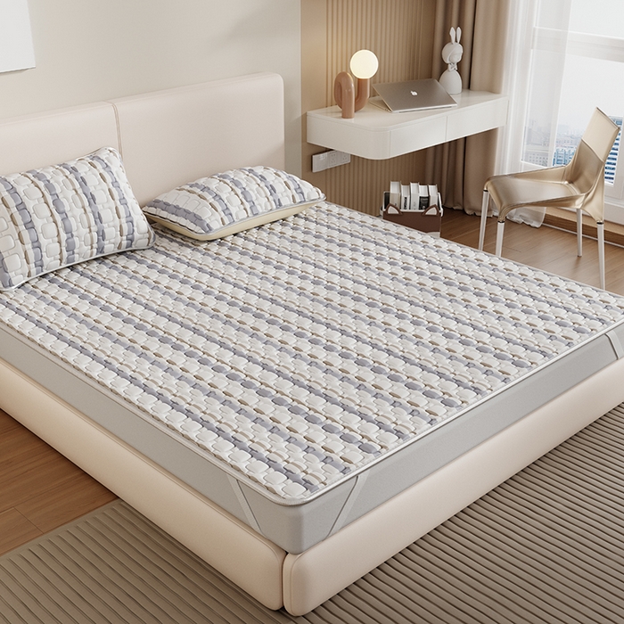 91家纺网 家纺一手货源 找家纺 世纪绒品 2026新款A类凉感条格乳胶床笠床席款凉席加厚12mm 床席款-米灰泡泡