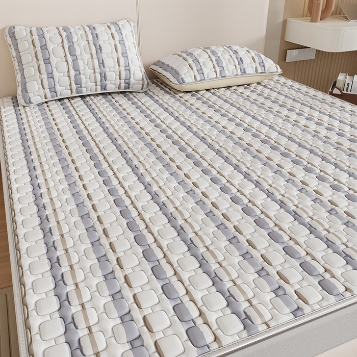 91家纺网 家纺一手货源 找家纺 世纪绒品 2026新款A类凉感条格乳胶床笠床席款凉席加厚12mm 床席款-米灰泡泡