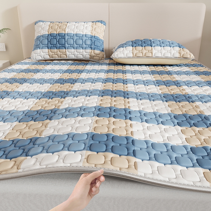 91家纺网 家纺一手货源 找家纺 世纪绒品 2026新款A类凉感条格乳胶床笠床席款凉席加厚12mm 床笠款-蓝大格