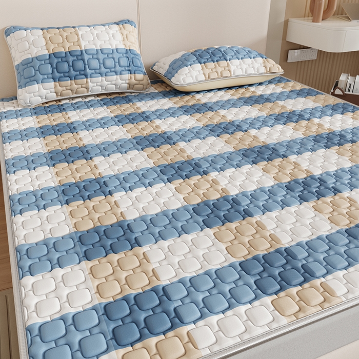 91家纺网 家纺一手货源 找家纺 世纪绒品 2026新款A类凉感条格乳胶床笠床席款凉席加厚12mm 床席款-蓝大格