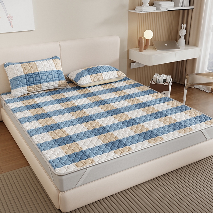 91家纺网 家纺一手货源 找家纺 世纪绒品 2026新款A类凉感条格乳胶床笠床席款凉席加厚12mm 床席款-蓝大格