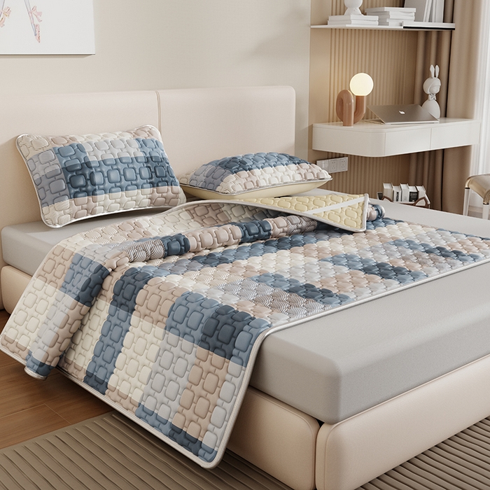 91家纺网 家纺一手货源 找家纺 世纪绒品 2026新款A类凉感条格乳胶床笠床席款凉席加厚12mm 床笠款-雾蓝大格